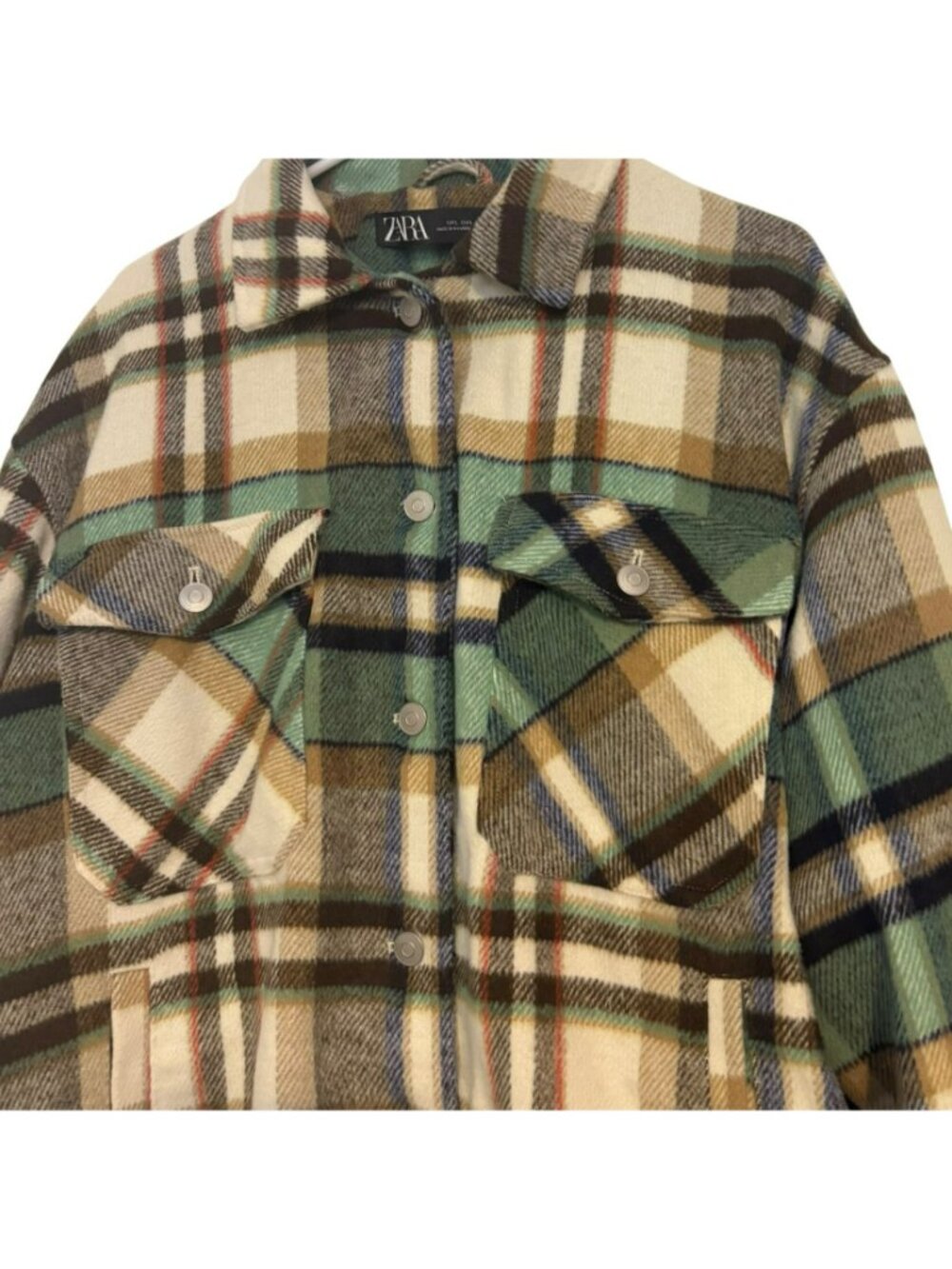 Zara Plaid Women's Shacket Oversized Button Front Shirt Jacket Size Large Green - Picture 4 of 7